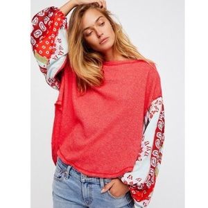 Free People Red Blossom Thermal Top with Paisley Sleeves